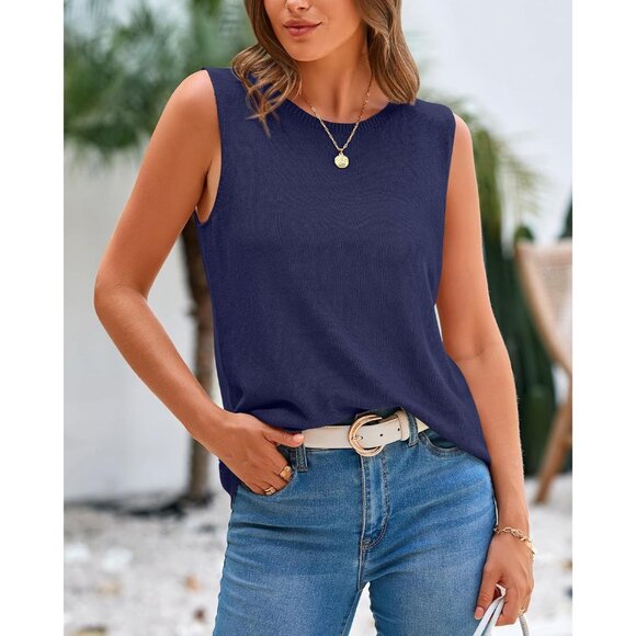 Btfbm Womens Navy Sleeveless Crew Neck Ribbed Knit Lightweight Pullover Sweaters - Picture 7 of 9